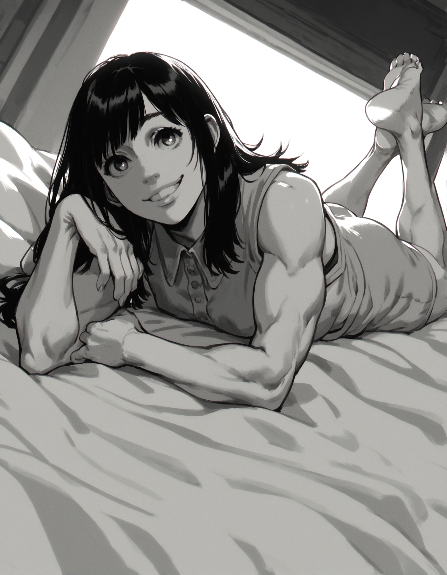 score_9, score_8_up, score_7_up,score_6_up,high resolution,mtskyamd,1girl,monochrome,grayscale,black hair,long hair,bangs,sleeveless shirt,barefoot,smile, volumetric lighting,rim lighting,dof,dramatic shadow,laying,in bed,on stomach,pov