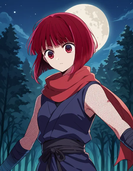 score_9, score_8_up, score_7_up, source_anime, kanaarima, <lora:kana-arima-s1-ponyxl-lora-nochekaiser:1>, kana arima, short hair, bangs, red eyes, red hair, bob cut,, <lora:ninja-ponyxl-lora-nochekaiser:1>, ninja, fishnets, scarf,, moon, night, forest, trees,, cowboy shot