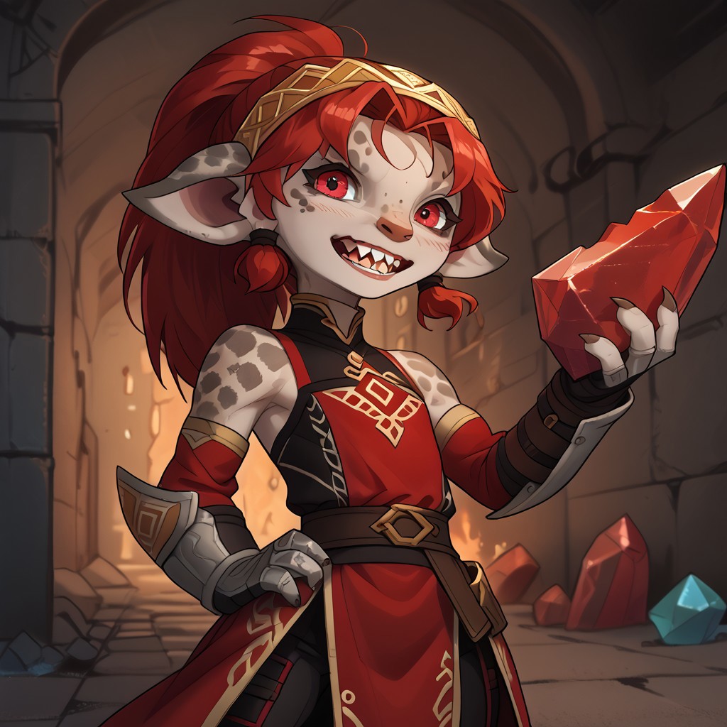 score_9, score_8_up, score_7_up, Asura, female, (Guild Wars:1.2), greyish fleshtone skin, grey spots, grey spots on bridge of nose, red eyes, red hair, red ponytail, large floppy ears, 4 fingers, claws, shortstack, small body, solo, short, (flirting, aroused), battle stance, flat chest, athletic, dark metal armor, dark metal gauntlets, dark leg guards, holding red crystal dagger, weapon, inquest, sharp teeth, turned toward left, detailed background, ready for battle, femboy, blood, blood smears on body, after battle, dark prison , torchlight, barracks, sn0wsk4u, crystal, styled from character Nyxx by Snowskau from e621, gold headband with crystals, featureless chest, hands at hips, yelling, shirtless, neon red, looking at viewer <lora:AsuraPony_v9d:0.8>