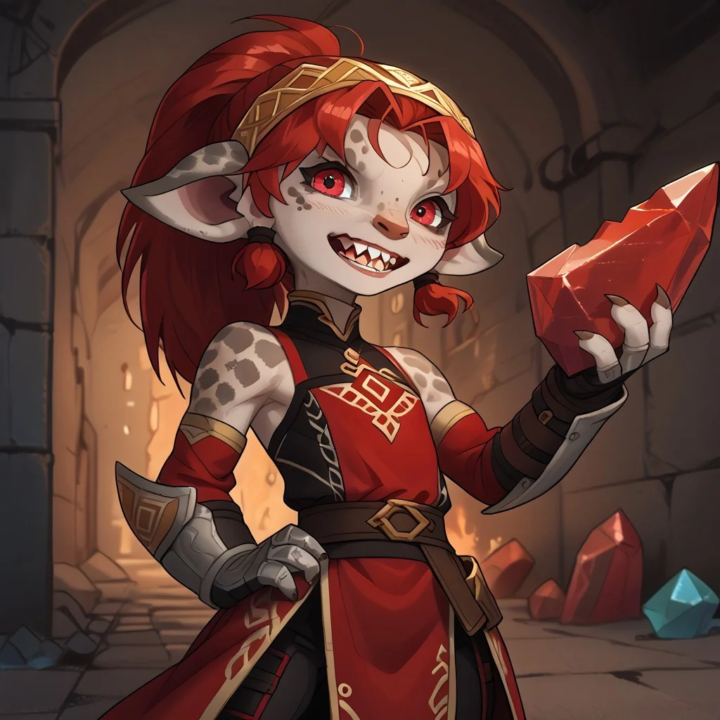 score_9, score_8_up, score_7_up, Asura, female, (Guild Wars:1.2), greyish fleshtone skin, grey spots, grey spots on bridge of nose, red eyes, red hair, red ponytail, large floppy ears, 4 fingers, claws, shortstack, small body, solo, short, (flirting, aroused), battle stance, flat chest, athletic, dark metal armor, dark metal gauntlets, dark leg guards, holding red crystal dagger, weapon, inquest, sharp teeth, turned toward left, detailed background, ready for battle, femboy, blood, blood smears on body, after battle, dark prison , torchlight, barracks, sn0wsk4u, crystal, styled from character Nyxx by Snowskau from e621, gold headband with crystals, featureless chest, hands at hips, yelling, shirtless, neon red, looking at viewer <lora:AsuraPony_v9d:0.8>