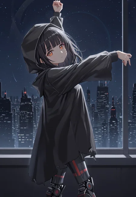 IsomerMob, hood, hood up, cloak, black hair, bangs, hooded cloak, red eyes, mechanical legs, long hair, black cloak, blunt bangs, long sleeves,
looking at viewer, head tilt, arms up, from side, stretching,
window, cityscape, cyberpunk, city, dark, night, night sky,
1girl, solo, solo focus, highres, absurdres, light particles, shade, lens flare, shiny skin, fine fabric emphasis,