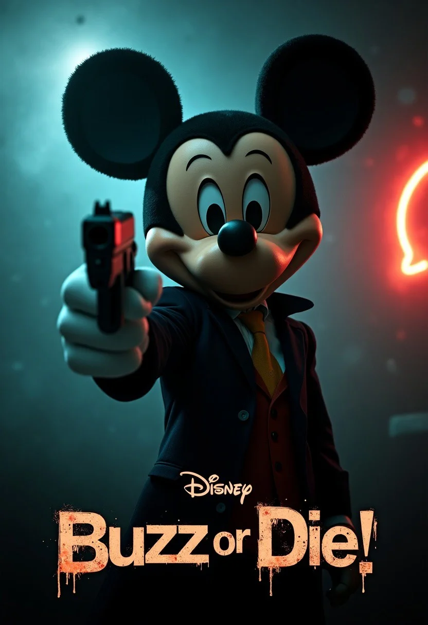 A menacing Mickey Mouse boss (Disney) in a dimly lit, smoky room points a gun directly at the camera. His expression is ruthless, eyes filled with intensity. The scene has dramatic lighting, with shadows emphasizing his sharp features. A neon sign in the background flickers faintly, adding to the noir atmosphere. The words 'Buzz or Die!' appear on screen in bold, gritty typography, blending seamlessly into the cinematic composition.
