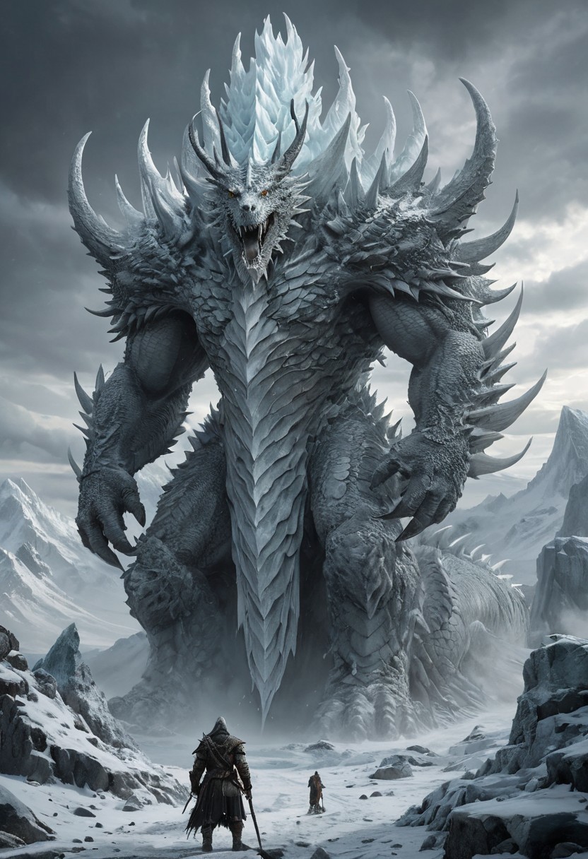 Digital Art set in a Dark fantasy and Epic Fantasy context, featuring a gigantic creature, known as Xixecal, standing at an astounding height of over 100 feet, constructed entirely of ice and stone. This colossal being towers over a barren, frost-whitened wilderness, its form eternally encompassed by a violent blizzard. Ancient, alabaster-colored dragons whirl around this behemoth, with some choosing to rest on its imposing shoulders. The terrain under the Xixecal is fracture-split and enveloped by a sheet of thick frost, littered with reminders of battle waged in antiquity—fractured weapons, icy remains of deceased warriors, and the frosty after-effects of powerful magic spells. The overall scene exudes a feel of old, primordial might and an oppressive chill, enhanced by a sinister, ominous sky, suggestive of an unending winter.
