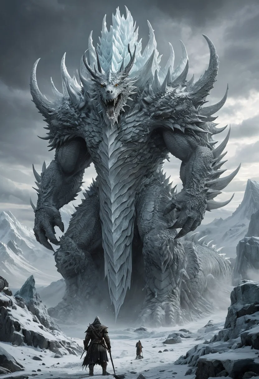 Digital Art set in a Dark fantasy and Epic Fantasy context, featuring a gigantic creature, known as Xixecal, standing at an astounding height of over 100 feet, constructed entirely of ice and stone. This colossal being towers over a barren, frost-whitened wilderness, its form eternally encompassed by a violent blizzard. Ancient, alabaster-colored dragons whirl around this behemoth, with some choosing to rest on its imposing shoulders. The terrain under the Xixecal is fracture-split and enveloped by a sheet of thick frost, littered with reminders of battle waged in antiquity—fractured weapons, icy remains of deceased warriors, and the frosty after-effects of powerful magic spells. The overall scene exudes a feel of old, primordial might and an oppressive chill, enhanced by a sinister, ominous sky, suggestive of an unending winter.
