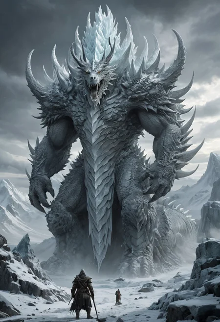 Digital Art set in a Dark fantasy and Epic Fantasy context, featuring a gigantic creature, known as Xixecal, standing at an astounding height of over 100 feet, constructed entirely of ice and stone. This colossal being towers over a barren, frost-whitened wilderness, its form eternally encompassed by a violent blizzard. Ancient, alabaster-colored dragons whirl around this behemoth, with some choosing to rest on its imposing shoulders. The terrain under the Xixecal is fracture-split and enveloped by a sheet of thick frost, littered with reminders of battle waged in antiquity—fractured weapons, icy remains of deceased warriors, and the frosty after-effects of powerful magic spells. The overall scene exudes a feel of old, primordial might and an oppressive chill, enhanced by a sinister, ominous sky, suggestive of an unending winter.