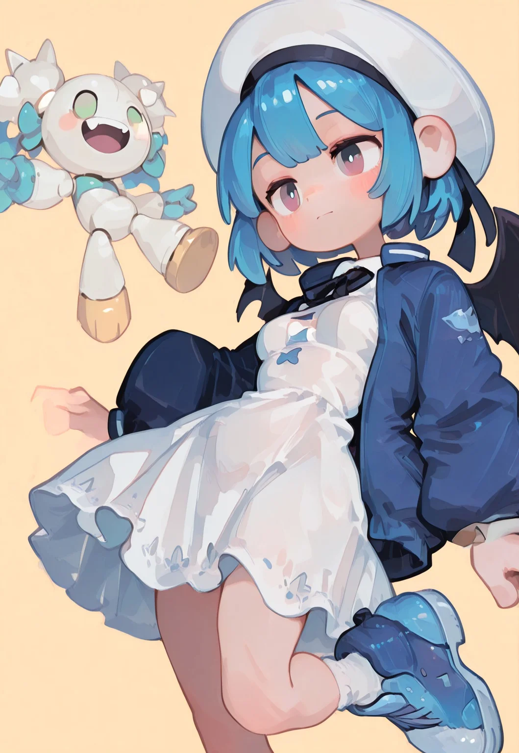 1 girl,LiveTwinLil-laYu-Gi-Oh, short hair, blue hair, small breasts, white headwear, blue jacket, white dress, socks, blue footwear, wings,art by Parororo,fl4t,t4kar4i_illu,no_outlines,no lineart,art by Parororo,fl4t,t4kar4i_illu,no_outlines,no lineart,solid color background