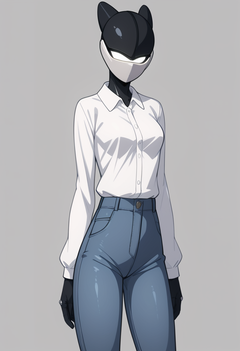 score_9, score_8_up, score_7_up, score_6_up, score_5_up, score_4_up, 
1girl, BC-1, arms_at_sides, blue_pants, breasts, buttons, collared_shirt, cowboy_shot, denim, dress_shirt, grey_background, long_sleeves, medium_breasts, pants, shirt, simple_background, solo, standing, white_shirt, BC-1 robot in a white shirt and blue pants, fullbody, a character portrait, BC-1 helmet,  <lora:BC-1_V2_r1:1>