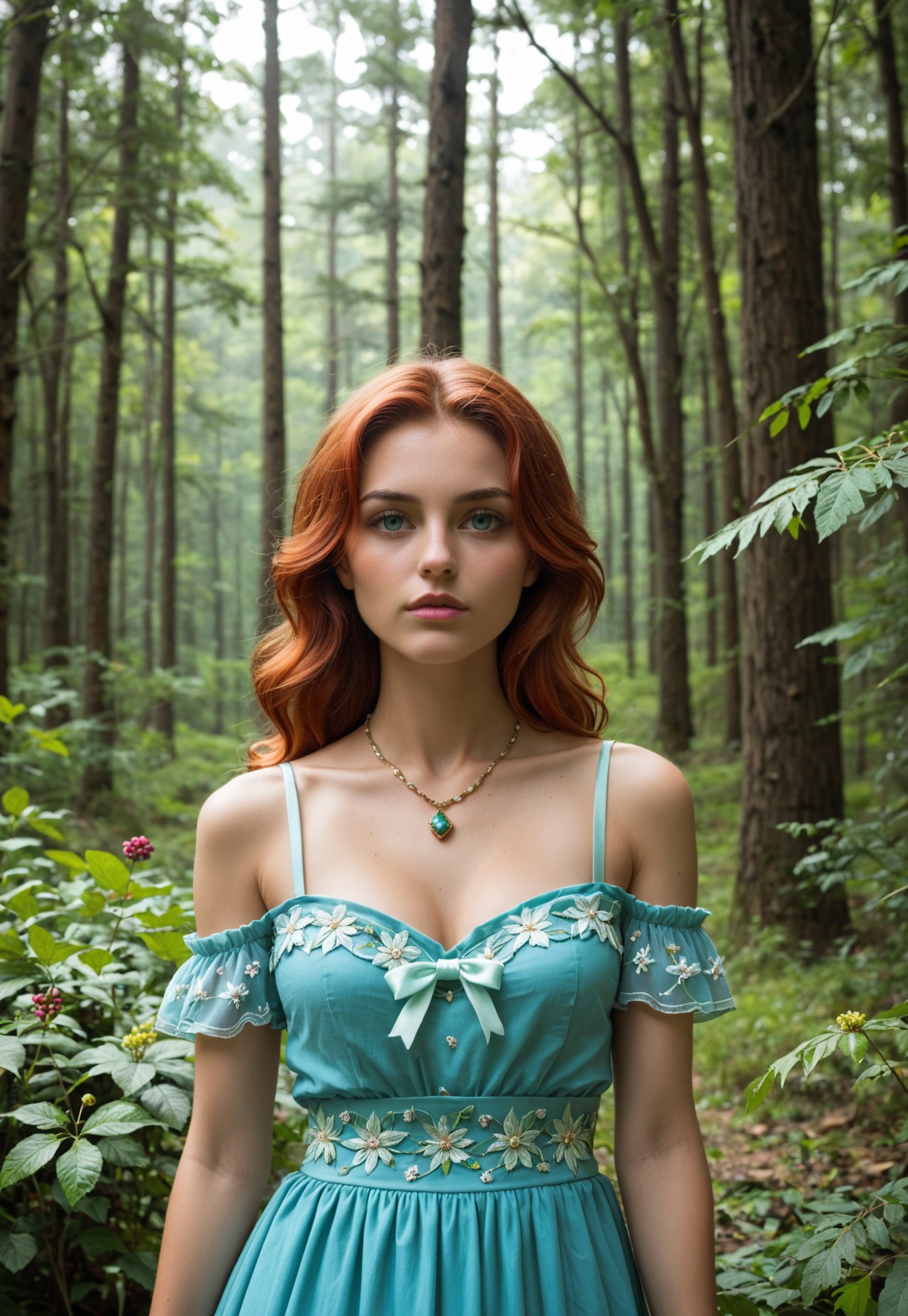 A charming huldra with long, flowing hair the color of forest moss, adorned with tiny flowers and leaves, cascading down her back. Her skin is a soft, earthy brown, glowing with the warmth of the forest. Her eyes are a deep, enchanting green, filled with the mysteries of the woods and the allure of ancient tales. Delicate, arched eyebrows frame her captivating gaze. Her nose is small and slightly upturned, adding to her charming appearance. Her lips are full and soft, the color of ripe berries, slightly parted as if whispering secrets of the forest. Her slender shoulders are bare, revealing smooth, bark-like patterns that shimmer in the dappled sunlight. Her chest is adorned with a necklace of polished pinecones and berries, highlighting her natural beauty. Her abdomen is lean and supple, leading to a slender waist. Her lower body is draped in a flowing, leafy gown made of living vines, swaying gently with the breeze, revealing her lithe figure. She stands in a lush, ancient forest, surrounded by towering trees and the soft sounds of nature, the air filled with the scent of pine and wildflowers. Sunlight filters through the canopy, casting a warm glow on her charming features. Her eyes are open, gazing at the forest with a sense of curiosity and mischief. A charming huldra in an ancient forest.
(huldra, upper body, fully clothed)
<lora:add-detail-xl:1>