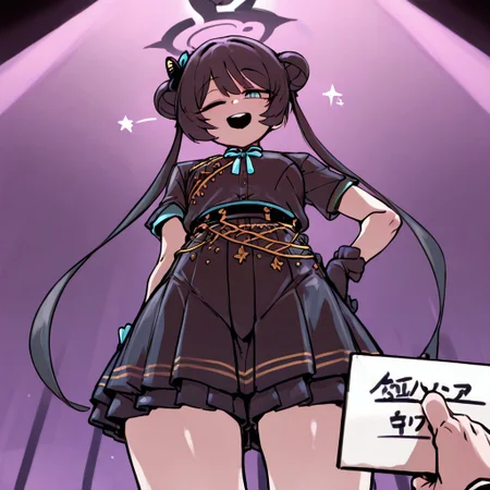 masterpiece, best quality,
<lora:doppel:1> d0pp3l, Kisaki_(Blue_Archive), black idol clothes, smiling, winking, POV, low angle, on stage, far view, ((Left hand) hand on hips, ((right hand)) holding sign with sign "Need Buzz"