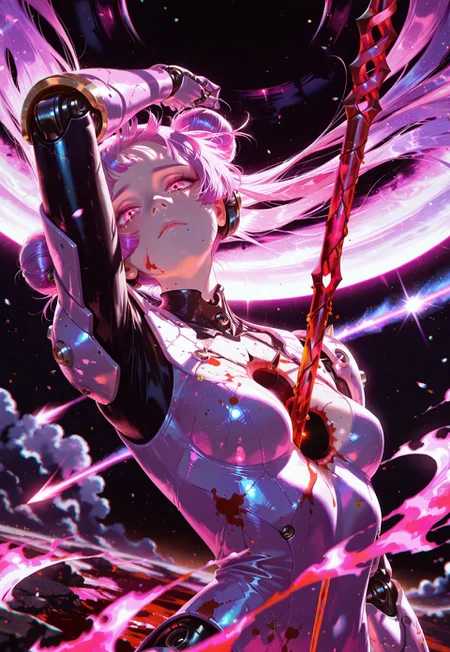 Mars /(planet/), 1girl, upper body, ((hole in chest)), mechanical arms, BREAK Mars background, on Mars, spirit girl, dynamic pose, pink flame, double buns, black hole glow, convenient censor, burning pheonix ears, arm up, arm bend, sad face, pained expression, soft skin,toned, blood splatting, head back, mole under mouth, mechanical armor, tears, hime cut, pink eyes, blood on chest,  magenta hair, spear in chest hole, spear piercing chest, ((spear of longinus)), holding spear, hand on spear, white purple flare, comet, pink flare, 

dynamic angle, head tilt, looking at viewer, masterpiece, very aesthetic, absurdres, best quality, amazing quality, chromatic aberration, raytracing, Chiaroscuro Lighting Style, drastic contrast, dramatic lighting, ambient occlusion, usnr, rltstc, #nyalia,