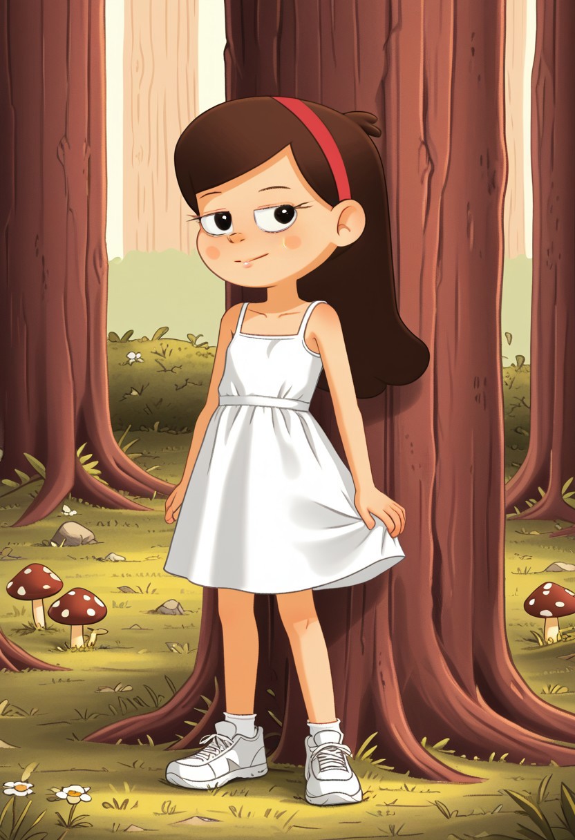 Well drawn, bold outline,
2d, vector, line, detailed, perfect hands,
Solo girl, posing, aroused, 
Mabel Pines, shorty, undersized, thin, petite, eyelashes, brown hair, sexy, ponytail, drugged, stoned, attractive, seductive, lustful, sinful, perverted, 
Forest, tree, bushes, grass, flowers, mushrooms, 
Posing against tree,
White socks, white sneakers, white sundress,