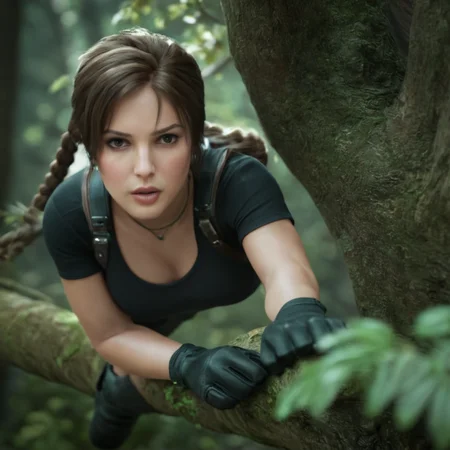 cinematic film still of <lora:Lara Croft Tomb Raider:0.9> <lora:Unreal Engine style:0.6> Unreal Engine style
<lora:TeethXL:1> perfect lips
High angle from above,Lara Croft Tomb Raider a woman in a black top and gloves is climbing a tree ledge, shallow depth of field, vignette, highly detailed, high budget, bokeh, cinemascope, moody, epic, gorgeous, film grain, grainy