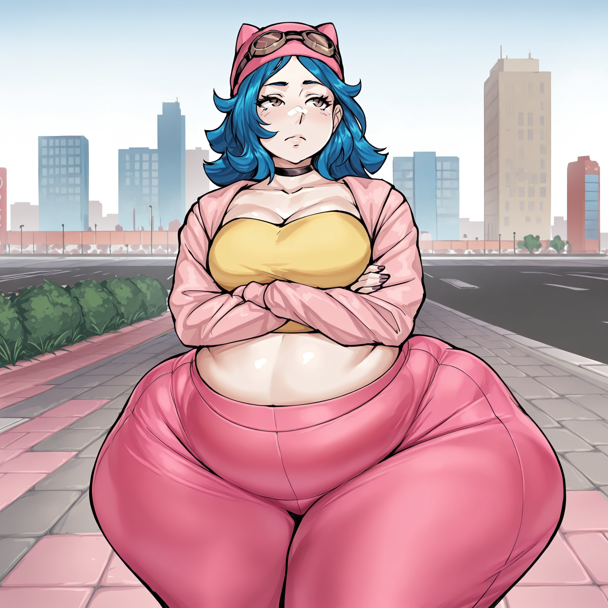 (masterpiece), best quality, (highly detailed), 1female, solo, <lora:Toroboro_Illustrious:0.8>, massive hips, fat, thick thighs,  <lora:Marnie_SkoddyWoddy_OC_Illustrious:0.6> , Marnie, blue hair, brown eyes, pink headwear, goggles, choker, pink pants, strapless, pink jacket, city, sidewalk, arms crossed, midriff,
