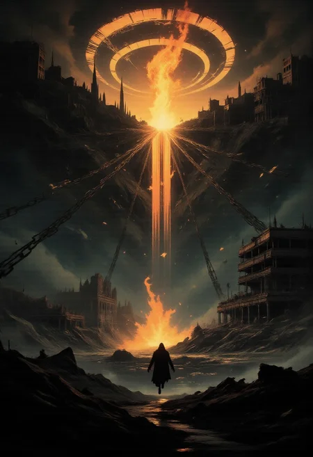 A lone figure floats mid-air, suspended in a moment of tension between gravity and ascension, silhouetted against a blinding vertical column of incandescent skyfire erupting from a broken rift in the heavens. Their body is slightly arched, arms outstretched, caught in a dramatic pose of struggle and release. Behind them, the background fractures into chained fragments of reality — vast, levitating slabs of ruined city architecture locked together by enormous chains that stretch into an abyss above and below.The entire scene is composed in a dramatic dutch angle, evoking cinematic neo-noir energy with deep contrast: burning oranges and sickly yellows collide with stark monochrome steel, glinting with rain-slick reflections. The sky swirls in impossible geometries — Escher-like loops of spires, mirrored streets, and fragmenting staircases curl endlessly around the vertical blaze, bending perception and defying physics.Glowing particles of ash and embers float in thick, volumetric atmosphere, illuminated by the fire’s core. Electric arcs crackle along the chains. The world feels claustrophobic and endless all at once, filled with melancholic grandeur. A surreal, awe scene evoking both dread and transcendence — as if the sky itself were a divine machine tearing open the boundaries of understanding.Inspired by Beksinski, Piotr Jablonski, Moebius, and Denis Villeneuve’s sci-fi cinematography. Hyperdetailed, painterly digital aesthetic with layered depth, glitch echoes.
