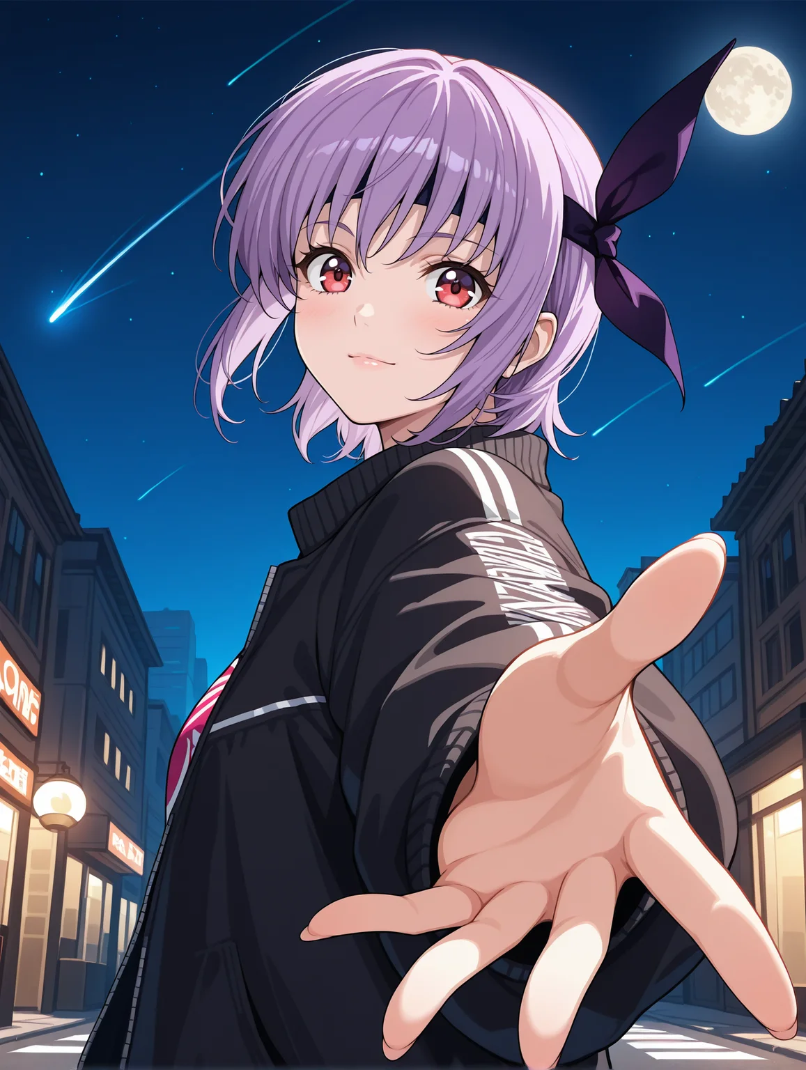 <lora:ayane-illustrious-000004:1> ayane, streetwear,
1girl, moon, night sky, street, shooting star, looking at viewer, light smile, foreshortening, reaching towards viewer, upper body, from side
masterpiece, best quality