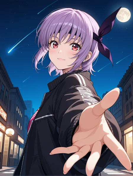 <lora:ayane-illustrious-000004:1> ayane, streetwear,
1girl, moon, night sky, street, shooting star, looking at viewer, light smile, foreshortening, reaching towards viewer, upper body, from side
masterpiece, best quality