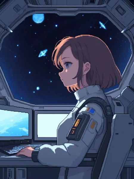 <lora:pixel style-000007:0.7>,pixel style,Imagine a brilliant and beautiful scientist aboard a space station, gazing out at the stars. She's surrounded by high-tech equipment, her face illuminated by the soft glow of computer screens, lost in thoughts about the mysteries of the universe.