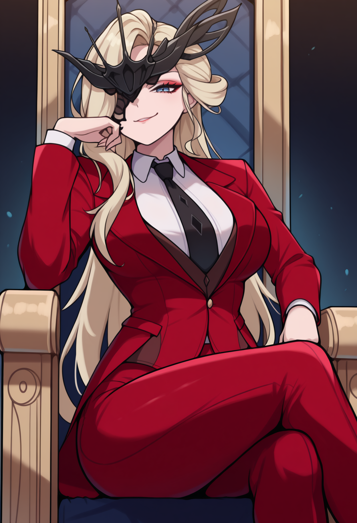 masterpiece, best quality, <break> solo, 1girl, sign0ra, makeup, smirk, looking at viewer, sitting, throne, crossed legs, head rest, long hair, blonde hair, blue eyes, black mask, half mask, one eye covered, formal, red suit, red jacket, open jacket, long sleeves, white shirt, collared shirt, black necktie, red pants
<segment:yolo-Anzhc Face seg 640 v2 y8n.pt,0.4,0.5//cid=1>