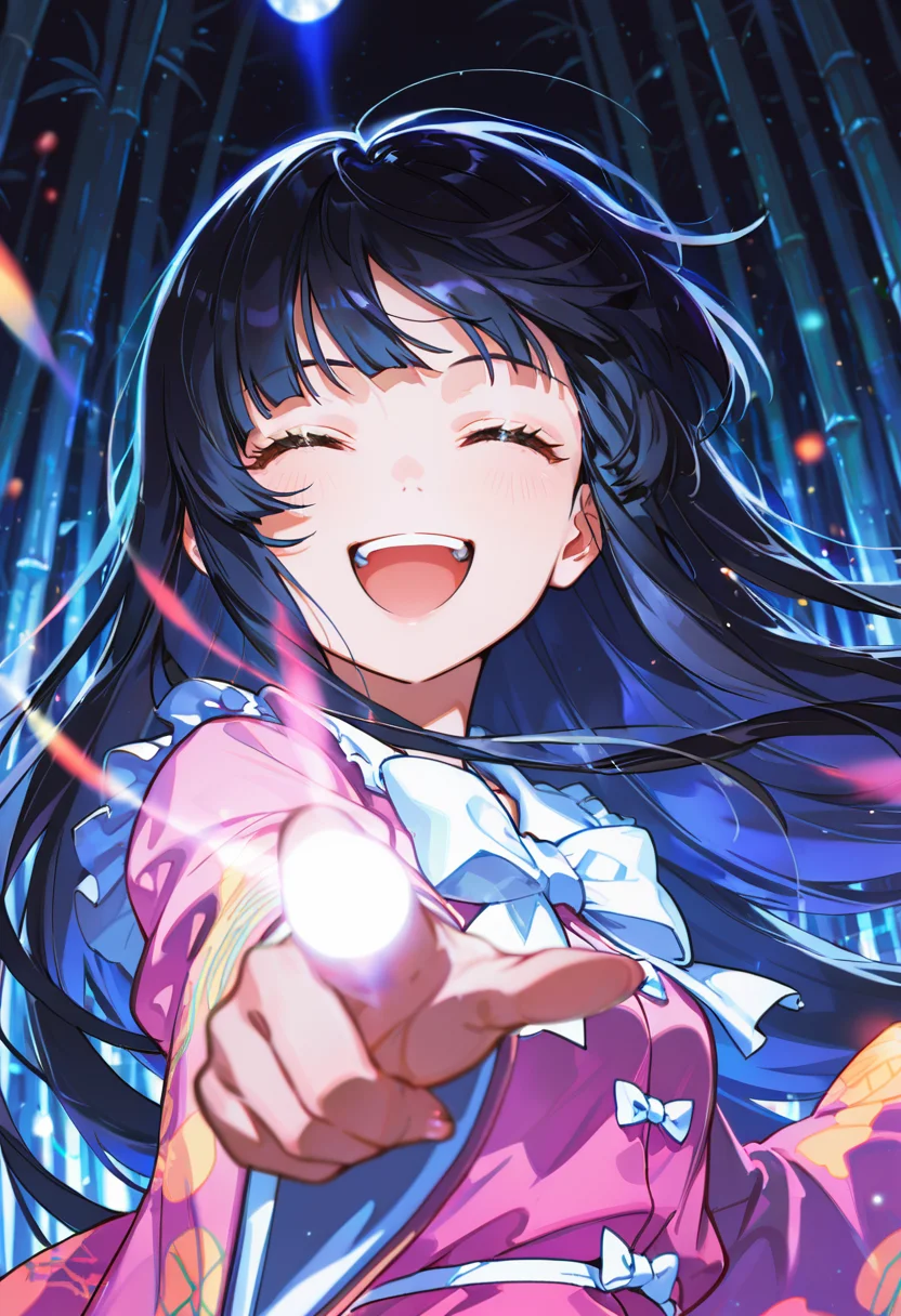 embedding:lazypos,
1girl, Houraisan Kaguya,
upper body,
brown eyes, black hair, long hair, pink shirt, long sleeves, wide sleeves, white bow, sleeve near own jaw,
looking at viewer, laugh, happy, open mouth, closed eyes, (teary:0.8),
bleeding head, wounds, ton clothes,
pointing at viewer,
correct fingers,
in a bamboo forest,
front view, Dutch angle shot, dynamic pose, dynamic angle,
pastel colors, gradient color, soft fill light, (ambient light), (dynamic light), vivid colors, high contrast,
night, (blue light:1.1), soft lighting,
raytracing, light particles, floating particle light, gradient color,
shinny, glitter,
close up, extremely close-up shot, <lora:TrendCraft_The_Peoples_Style_Detailer-v1.0A-3_13_2025-NoobVPRED:0.1>