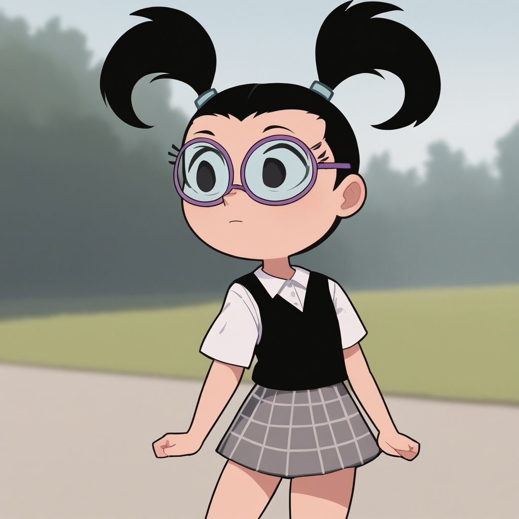 score_7_up, BREAK, Tootie, 1girl, solo, black hair, twintails, black eyes, glasses, white shirt, school uniform, plaid skirt,  <lora:Tootie_FOP_PXL_Leaf2:1>, cowboy shot,  outdoors,
