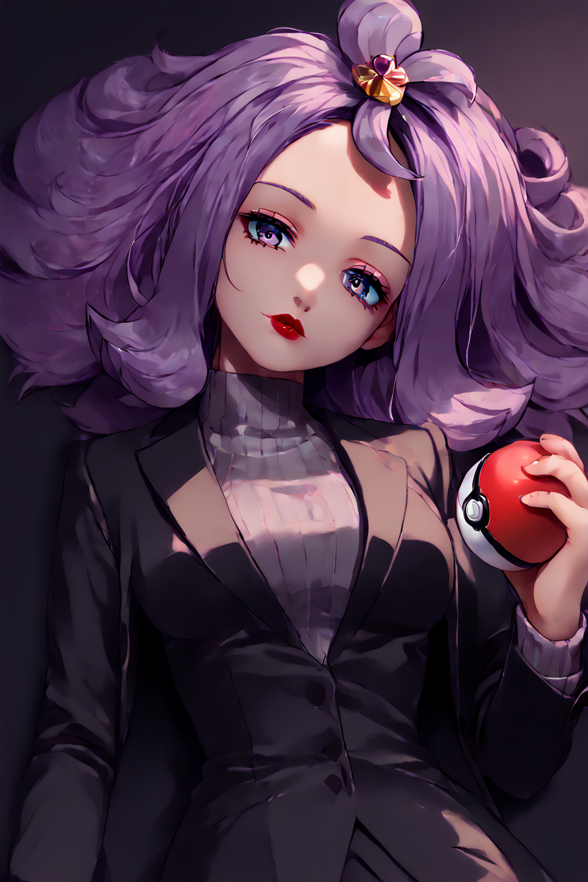 (ultra realistic,32k, masterpiece:1.2),(high detailed skin:1.1),( high quality:1.1),  high resolution, highly detailed, perfect lighting, beautiful detailed eyes,   ((masterpiece,best quality)), absurdres, solo,  upper body,  <lora:Acerola_Pokemon_P1:0.8>, acerola (pokemon), purple hair, purple hair, topknot, flipped hair, medium breasts,   black jacket, formal, suit, black background, red lips, curvy, head tilt, shiny clothes, holding pokeball,  <lora:LunarCAT_Style:0.8>,  <lora:KuroCAT_Style:0.3>,   (blank background:1.2) blurry background,(looking at viewer, lying, from above:1.1), (neon pastel light:1.1),