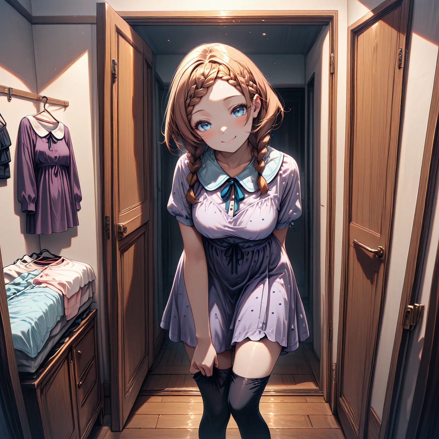 masterpiece,best quality,amazing quality, <lora:IL_Dreamy_soft_lines_for_Pony:0.8> dresofl, <lora:IL_Between_pencils_and_semi-realism_Style:0.9> stbedap, 1girl, brown hair, braided bangs, twin braids, blue eyes, <lora:StS_Age_Slider_Illustrious_v1:1.5>, medium breasts, smile, head tilt, (safe:1.5), peter pan collar, neck ribbon, purple dress, white short sleeves, medium skirt, polka dot, <lora:Walk-in_dressing_room:0.7> wldrr, scenery, wardrobe, walk-in closet, clothes hanger, (thighhighs pull:1.4), sitting, on chair, wooden wardrobe, leaning forward, looking at viewer,