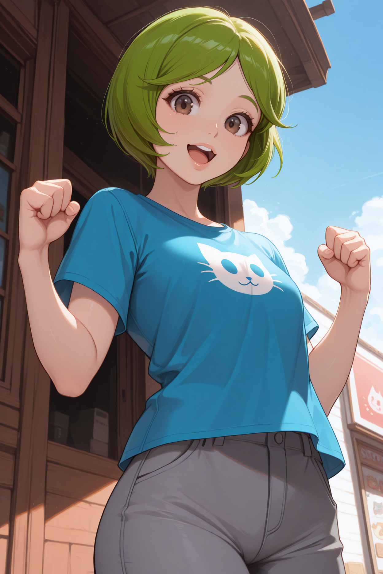 masterpiece, best quality, 1girl, solo, <lora:kunamashiro-illu-nvwls-v1:1> knmshir, green hair, short hair, brown eyes, lips, blue t-shirt, cat print, happy, open mouth, upper teeth only, grey pants, hands up, clenched hands, looking at viewer, blue sky, storefront