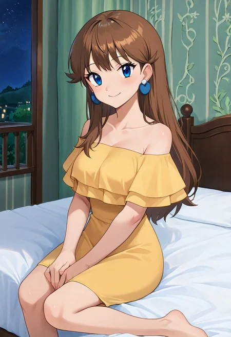 score_9, score_8_up, masterpiece, best quality, uncensored, correct anatomy, detailed background, anime_source, 1girl, solo, alone, perfect eyes, perfect arms, perfect legs, perfect face, indoors, medium breasts,  bare shoulders, gurin, blue eyes, brown hair, long hair, bangs, sidelocks, looking at viewer, strapless, a short yellow dress, fl0unc3dr355, dress, off shoulder, blue earrings, round earrings, Sitting on her bed, bedroom background, smile, looking at viewers, cowboy shot, indoors, night