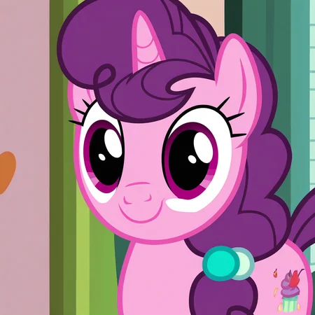 1girl, solo, feral pony, Sugar Belle, purple hair, braid, unicorn, smile, happy, looking at viewer
