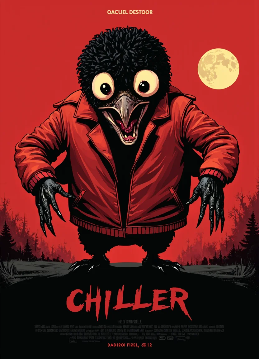 A stylized movie poster featuring a figure in Michael Jackson's iconic red "Thriller" jacket, but with a surreal twist. Instead of Jackson's face, the head is that of a penguin. The penguin's head retains the wide-eyed, shocked expression, with its beak slightly open in a mix of surprise and menace.
The penguin-headed figure stands against a vibrant red background, creating a stark contrast with its black and white coloring. The figure's posture remains dynamic, with arms outstretched and claw-like hands reaching toward the viewer, capturing the essence of the original "Thriller" choreography.
The penguin's feathers blend seamlessly into Jackson's curly hairstyle, creating an uncanny fusion of human and avian features. The eyes are exaggerated and bulging, maintaining the intensity of the original image while adding a comical element due to the penguin's naturally expressive face.
A pale yellow moon hovers in the upper right corner, adding to the eerie atmosphere. At the bottom, the "CHILLER" title remains in its original sharp, angular font, with the credits below unchanged.
This surreal reimagining creates a bizarre juxtaposition of the familiar "Thriller" imagery with the unexpected presence of a penguin, resulting in a poster that is simultaneously unsettling, amusing, and oddly captivating.