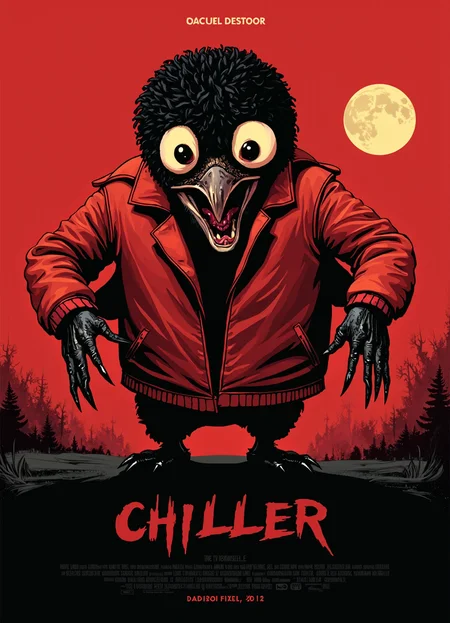 A stylized movie poster featuring a figure in Michael Jackson's iconic red "Thriller" jacket, but with a surreal twist. Instead of Jackson's face, the head is that of a penguin. The penguin's head retains the wide-eyed, shocked expression, with its beak slightly open in a mix of surprise and menace.
The penguin-headed figure stands against a vibrant red background, creating a stark contrast with its black and white coloring. The figure's posture remains dynamic, with arms outstretched and claw-like hands reaching toward the viewer, capturing the essence of the original "Thriller" choreography.
The penguin's feathers blend seamlessly into Jackson's curly hairstyle, creating an uncanny fusion of human and avian features. The eyes are exaggerated and bulging, maintaining the intensity of the original image while adding a comical element due to the penguin's naturally expressive face.
A pale yellow moon hovers in the upper right corner, adding to the eerie atmosphere. At the bottom, the "CHILLER" title remains in its original sharp, angular font, with the credits below unchanged.
This surreal reimagining creates a bizarre juxtaposition of the familiar "Thriller" imagery with the unexpected presence of a penguin, resulting in a poster that is simultaneously unsettling, amusing, and oddly captivating.
