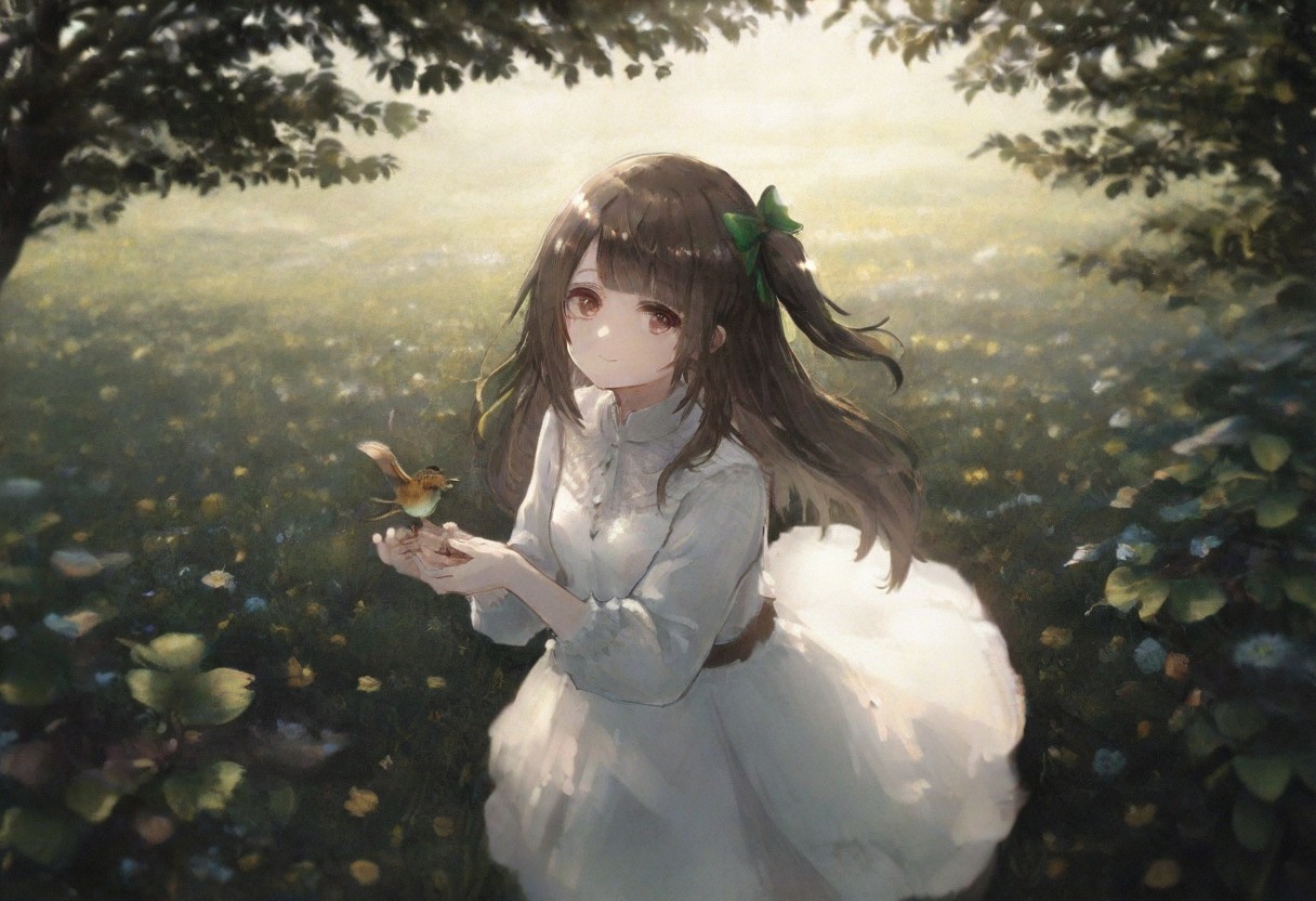 volumetric lighting, ambient occlusion, luminescent background, masterpiece, very awa, plants, flowers,
BREAK
dynamic pose,  looking at viewer, holding a bird with both hands, from above, depth of field,  leaf, branch, blurry background, absurdres, masterpeice, best quality, very aesthetic
BREAK
lovelive_kotori, white dress, gentle smile, grayish brown hair, green hair bow, bangs, one side up, long hair, brown eyes