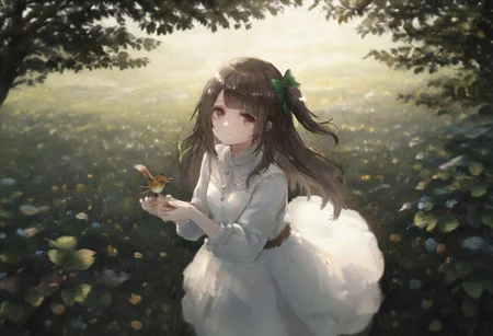 volumetric lighting, ambient occlusion, luminescent background, masterpiece, very awa, plants, flowers,
BREAK
dynamic pose, looking at viewer, holding a bird with both hands, from above, depth of field, leaf, branch, blurry background, absurdres, masterpeice, best quality, very aesthetic
BREAK
lovelive_kotori, white dress, gentle smile, grayish brown hair, green hair bow, bangs, one side up, long hair, brown eyes