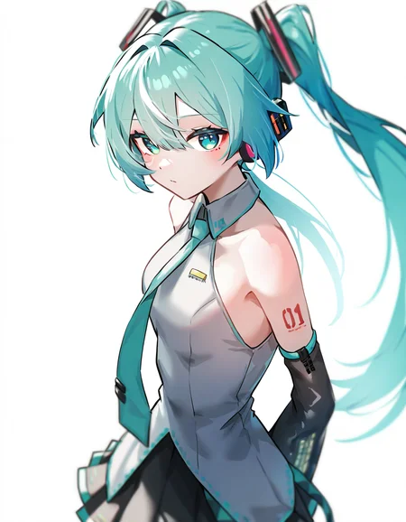 1girl,simple background,solo,white background,cowboy shot,looking at viewer,<lora:xiafeng-000024:1>,hatsune miku,, masterpiece, best quality, very aesthetic, absurdres,newest, incredibly absurdres,
