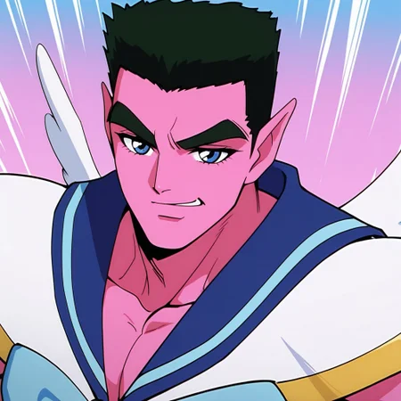 score_9, score_8_up, score_7_up, score_6_up, score_5_up, score_4_up, high quality, (detailed eyes:1.5), (detailed face), ((perfect face)), master piece, best high quality, ultra details, intricate details, male focus, detailed body, detailed background, perfect anatomy, masterpiece, high quality, best quality, amazing quality, very aesthetic, absurdres, (((portrait))), Sailor Guts, Pink Skin, Black Hair, black speedo, muscular, sailor uniform top, wings, muscular male, smirk, blue eyes, muscular neck, muscular pecs
