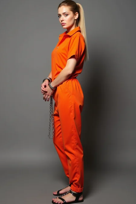 <lora:handcuffed-flux:1> hxndcxffs, full body shot, blond woman, 20 year old, ponytail, blue eyes, prisoner jumpsuit, handcuffed woman, chained woman, side view being arrested, feet cuffs, chains, cleavage