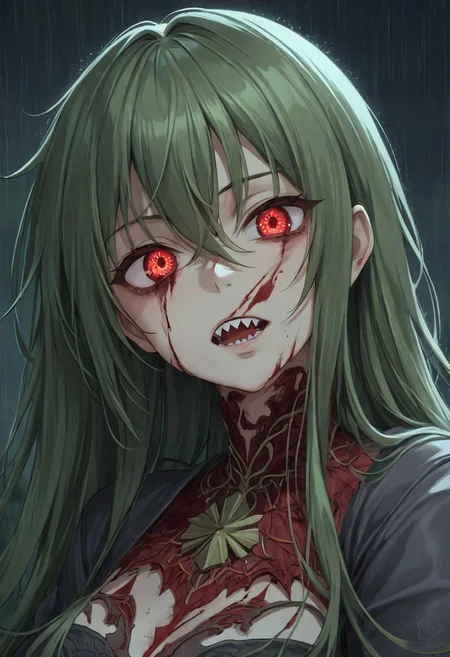 score_9, score_8_up, score_7_up, absurdres, highres, commentary, commentary request, source_anime, anime, detailed eyes, sparkling eyes, detailed face, depth of field, volumetric lighting, volumetric shadow, 1girl, Long Hair, dark gray sky, lost city, zombie, blood on hair, scar on face, green rain, open mouth, sharp teeth, Red eyes
