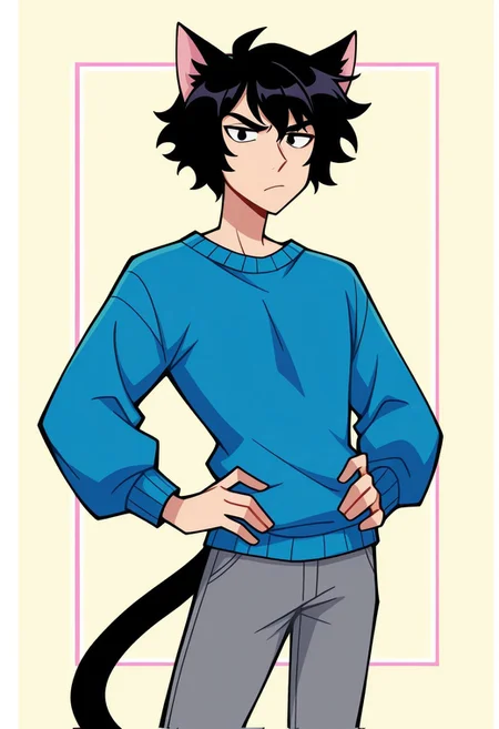 masterpiece, best quality, highres, yuunsfw, BREAK, 1boy, black hair, cat ears, blue sweater, grey pants, tail, annoyed, looking at viewer, hands on hips, standing, cowboy shot