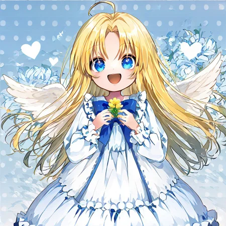 score_9, score_8_up, score_8, score_7_up, 
1girl, solo, AEFilo, blue eyes, blonde hair, ahoge, long hair, white wings, blue bowtie, white dress, frilled dress, frilled sleeves, long sleeves, barefoot, polka dots background, smile, open mouth, close shot, cute girl, looking at viewer,
cute, kawaii, hearts, holding flower, cupped hands,