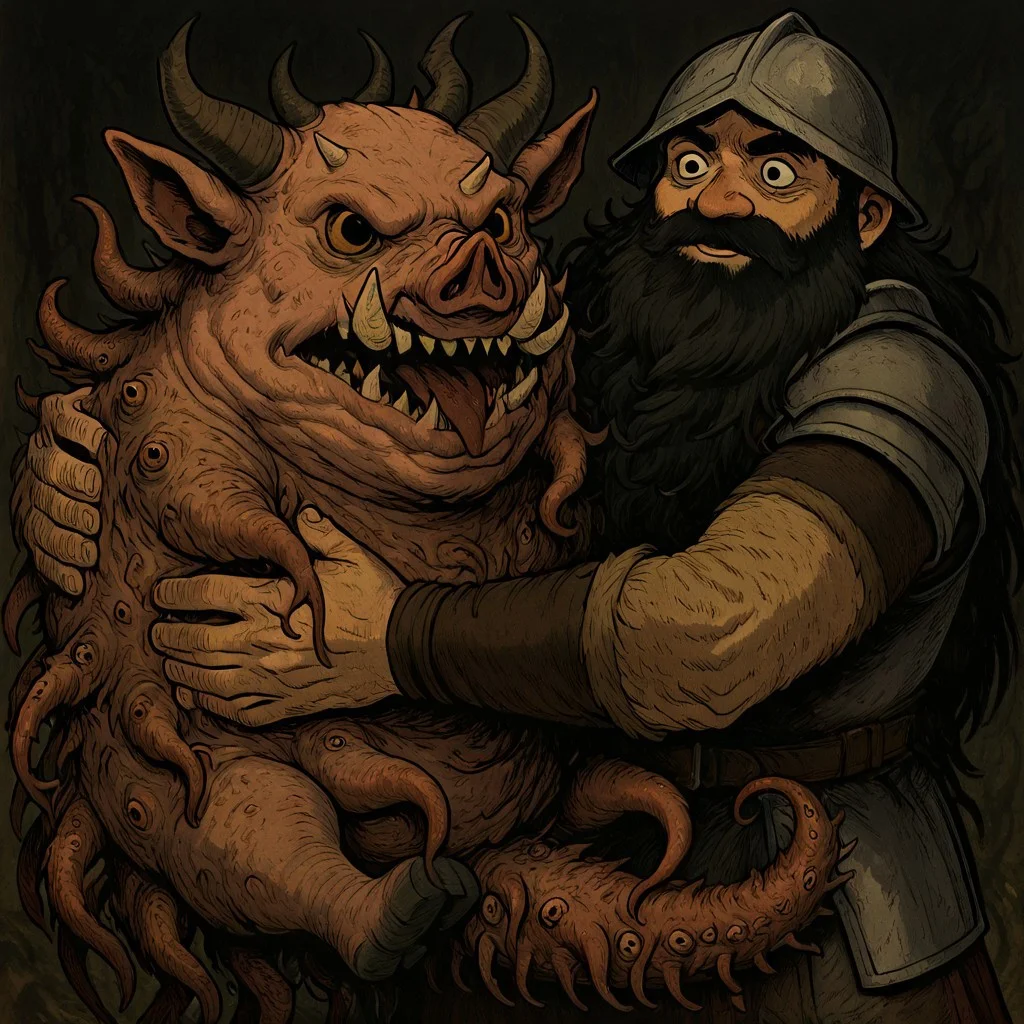 masterpiece, best quality, newest, absurdres, highres, CWKIV1.0, 1boy, Senshi \(dungeon_meshi\), dwarf, helmet, horns, horned helmet, fake horns, beard, black eyes, black hair, monster, hug, oversized animal, pig, eldrich horror, eldrich monster, tentacles,