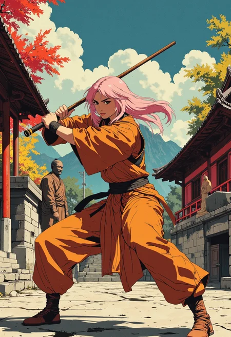 Image is a close up digital fantasy artwork featuring female monk character in a dynamic fighting stance. She has tan skin with pink hair. She's wearing an orange martial arts robe. In her hands is a wood staff. The background is of a buddist temple, concrete ground, lush colorful trees, training dummies, moutains.