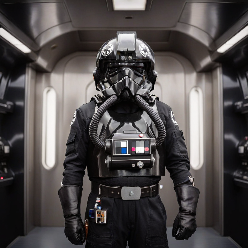a cinematic film portrait still of a Tie Pilot wearing their helmet, in a sci-fi ship, full body shot <lora:Imperial_Tie_Pilots:0.75>. shallow depth of field, vignette, highly detailed, high budget Hollywood movie by baz luhrmann, bokeh, cinemascope, moody, epic, gorgeous, film grain, grainy