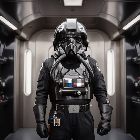 a cinematic film portrait still of a Tie Pilot wearing their helmet, in a sci-fi ship, full body shot <lora:Imperial_Tie_Pilots:0.75>. shallow depth of field, vignette, highly detailed, high budget Hollywood movie by baz luhrmann, bokeh, cinemascope, moody, epic, gorgeous, film grain, grainy