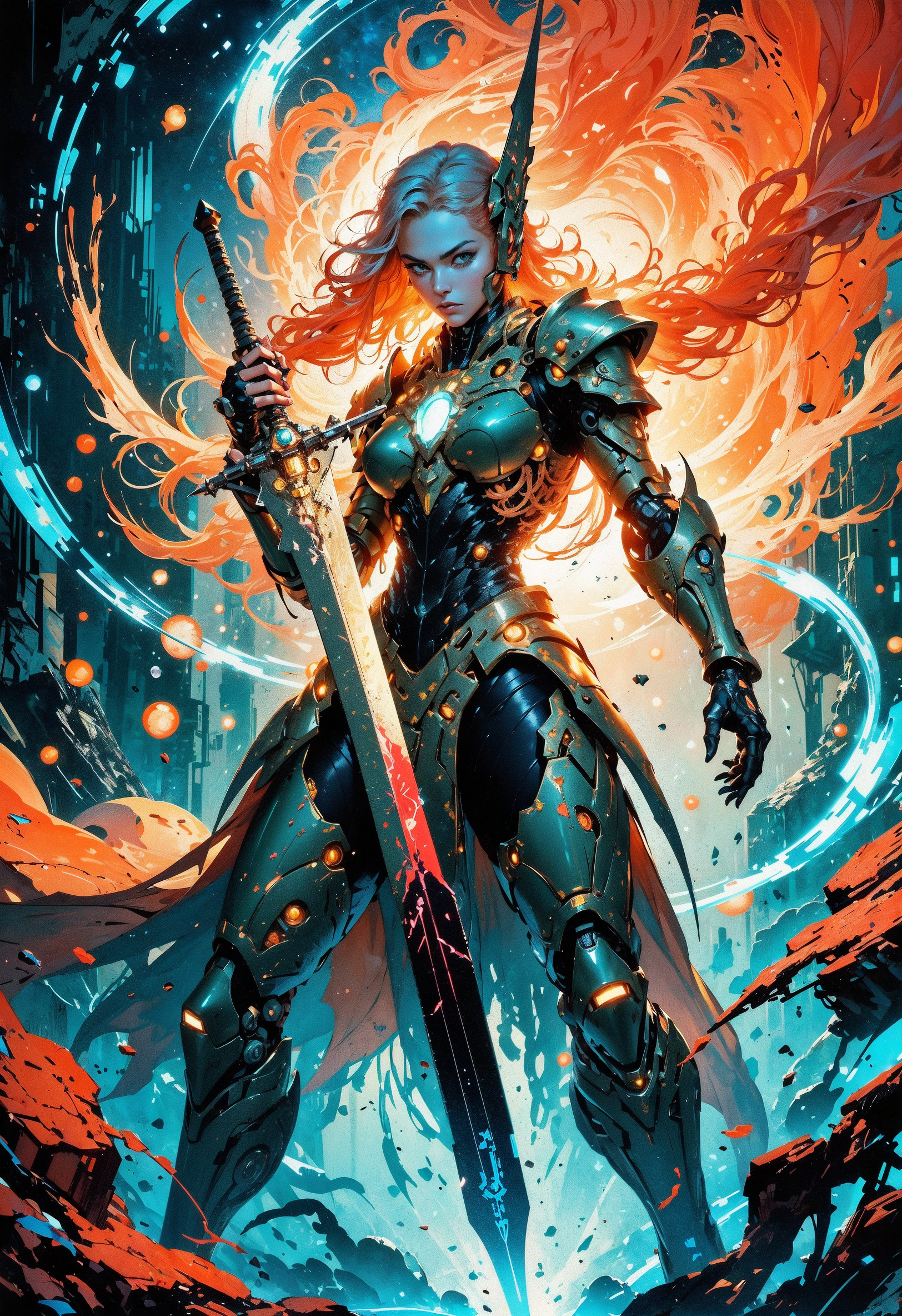 (in Otomo Katsuhiro style:1.2), high-quality, masterpiece, A futuristic warrior, mid-air as she clashes with a robotic enemy, Her armor is a fluid blend of nanotech and organic vine-like tendrils, as glowing particles from both her sword and the enemy scatter around them, The background blurs into streaks of color creating a sense of incredible speed, The composition is framed with sharp angular lines giving a sense of tension, exaggerated lighting effects casting long dramatic shadows, using comic-book inspired shading and neon accents to emphasize motion, (elaborate fine details:1.1), (hyperdetailed:1.1), (intricate details:1.0), (Refined details:1.1), (best quality:1.1), (high resolution:1.2)