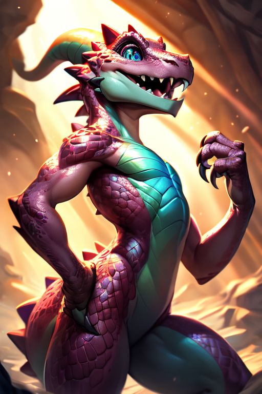 scalie, anthro, ((female)), ((kobold:1.3)), detailed pink scales, detailed scales, intricate scales, ((small breasts)), ((nude)), (detailed face), (detailed eyes:2), (big eyes:0.5), claws, open mouth, grin, (fangs:1.3), cute, young, muscular, athletic, elegant, beautiful, claws, (slit pupils), bright eyes, expressive eyes, (chubby:0.4), (plump:0.4), smiling, happy,  
((((head with thick long feathers)))), ((feathered arms, feathered legs)) covered in feathers, (chrome:0.2), shiny skin, (crystal:0.6), (mineral fauna:0.6), light beam, reflective,
sexy pose, dancing,
(saliva:0.5), (drooling:0.2),
<lora:dragon:0.1>,
<lora:addmoredetails:-0.2>,
<lora:Velociraptor_Dino:0.1>,
<lora:deathclaw:0.5>,
<lora:azt3ch:0.1>,
<lora:FurryCore:0.6>
<Lora:sailor_moon:1>
by darkgem, by thesecretcave, by silverfox5213, , 
noon, sunlight, 
on a beach, 
(ambient light on the body),
Ray tracing, dutch angle, concept art, highly detailed, (hi res), ((masterpiece)), ((best quality)) masterpiece, best quality, masterpiece, best quality, cinematic composition, (masterpiece, best quality, ultra realistic, 4k, (high detail:1.3), sharp focus,