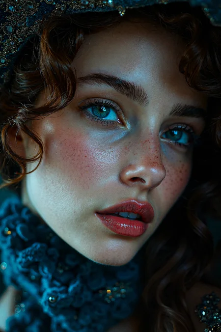 photograph,[art by Mathias Goeritz and Charles Tunnicliffe::11],portrait,close up of a In this stunning portrait,the woman's face is etched with delicate heart-shaped eyes that seem to glow in the dim light. Her skin is smooth and velvety,<lora:aidmaMJ6.1:0.7>,<lora:flux_realism_lora:0.4>,dynamic dramatic beautiful full taking,inspired,badge,cinematic atmosphere,luxury,enchanted,