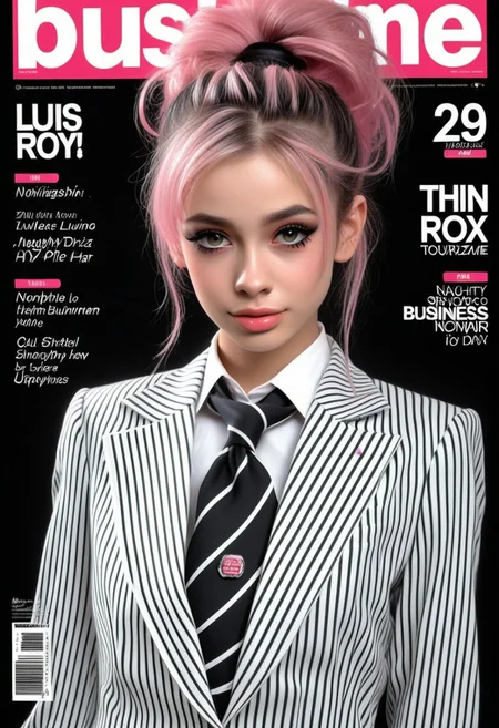 24yo beauty UZ_THIN posing on magazine frontpage, wearing <striped business uniform>