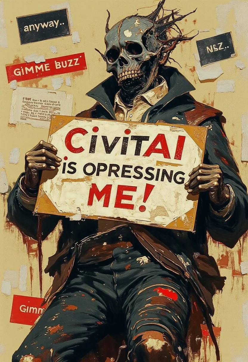 A page from a vintage revolutionary underground art magazine, surreal, provocative, an artist holds a sign reading "CivitAI is oppressing me!" "Gimme buzz" "anyway" DB4RZ