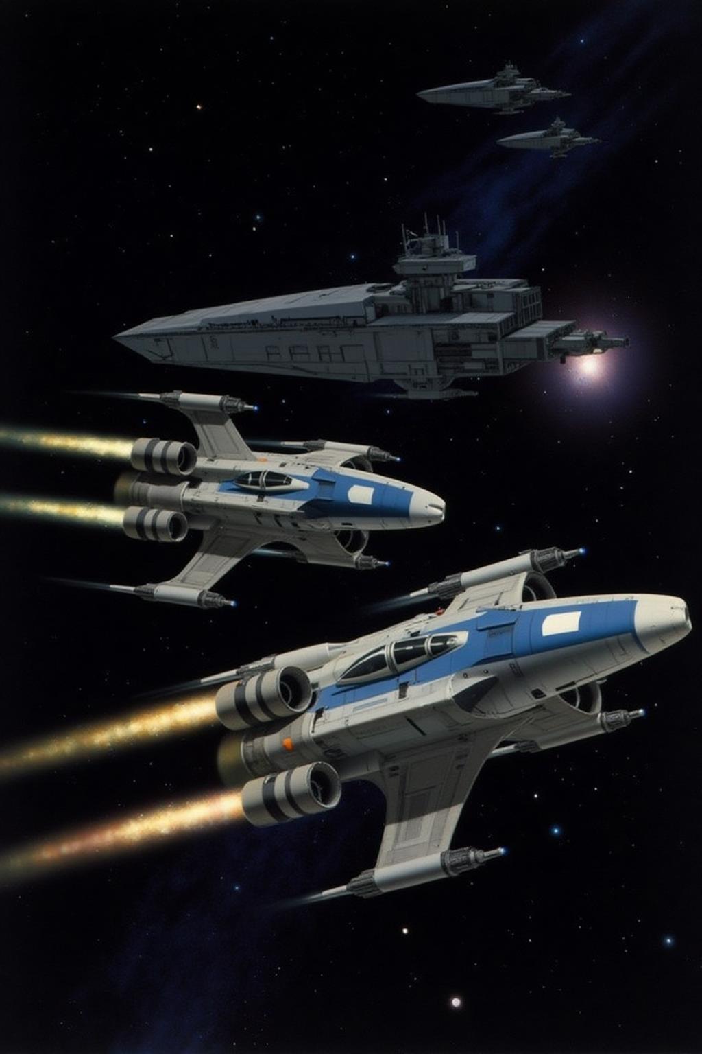ralphmcq1 painting.
A futuristic space battle scene featuring two sleek, A-Wing starfighters with blue and white markings soaring through the cosmos. Their powerful twin engines glow with bright exhaust trails as they speed forward. In the distant background, a fleet of Imperial Star Destroyers looms in the vastness of space, with distant stars and a nebula casting a soft glow. The composition captures a sense of speed and tension, with detailed sci-fi aesthetics and realistic lighting effects. <lora:ralphmcq_cap_d6a3:1.0><lora:830326154805239312:0>