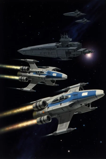 ralphmcq1 painting.
A futuristic space battle scene featuring two sleek, A-Wing starfighters with blue and white markings soaring through the cosmos. Their powerful twin engines glow with bright exhaust trails as they speed forward. In the distant background, a fleet of Imperial Star Destroyers looms in the vastness of space, with distant stars and a nebula casting a soft glow. The composition captures a sense of speed and tension, with detailed sci-fi aesthetics and realistic lighting effects. <lora:ralphmcq_cap_d6a3:1.0><lora:830326154805239312:0>